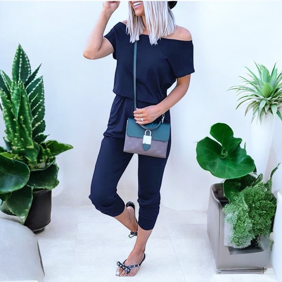 Women's Navy Blue Casual Wide-Neck Elastic Waist Stretch Long Romper Jumpsuit - Picture 3 of 16
